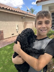 A boy happily holding a black puppy outside near a house.